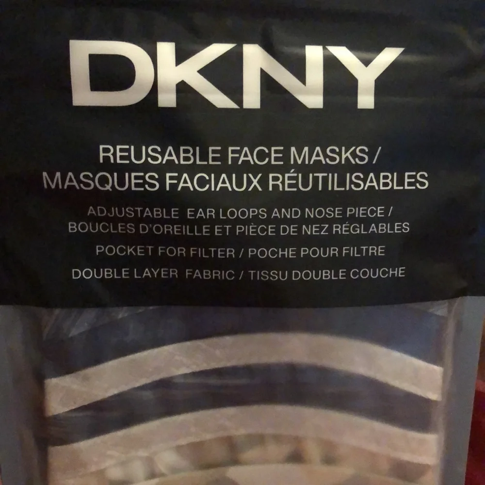 DKNY 5 pack face masks multi designs. Adjustable ear loops/nose piece NWT